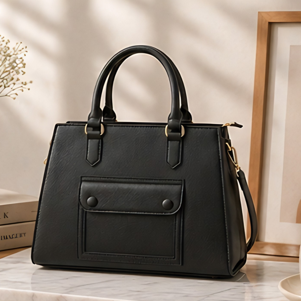 Fashionable Faux Leather Tote Handbag for Women – Shoulder & Hand Carry Bag – Black - Metin Bags
