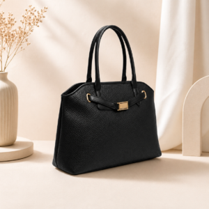 Women’s Premium Handbag | Elegant Textured PU Leather Tote Bag with Gold Accent Lock – Black - Metin Bags