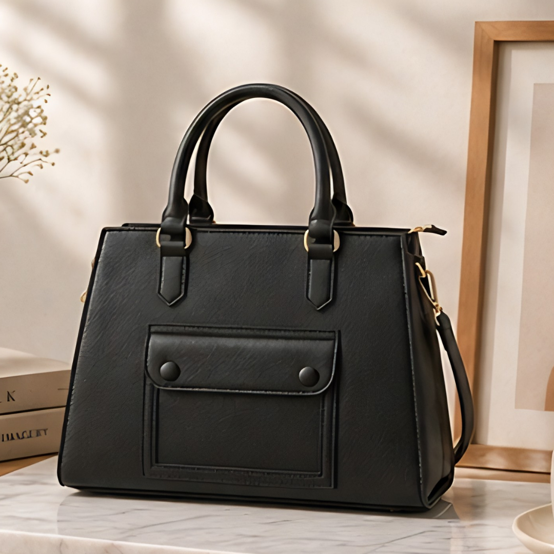 Vegan Leather Structured Handbag - Black