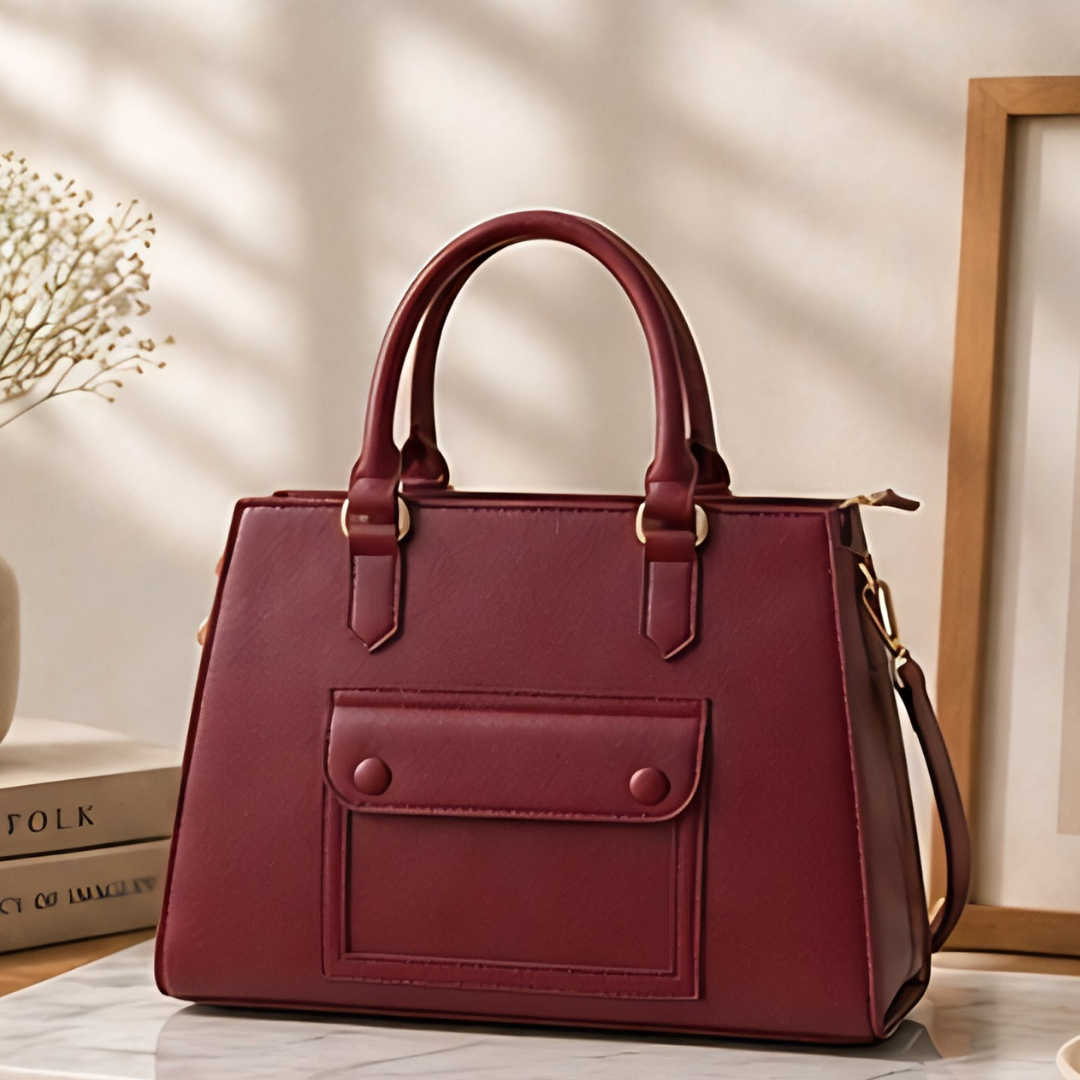 Vegan Leather Structured Handbag - Maroon