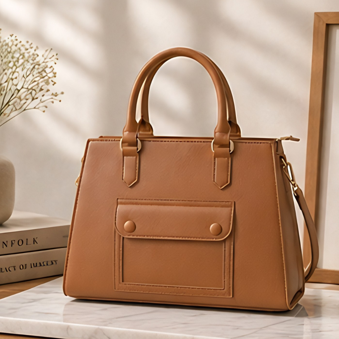 Vegan Leather Structured Handbag - Tan
